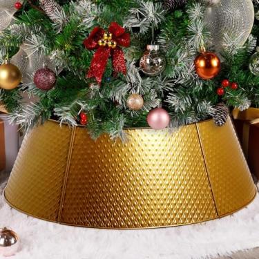 Imagem de VINSEES Colar de árvore de Natal com 5 painéis - saia de árvore com bolhas douradas e grades de diamante - base de 71 cm - cobertura de base de árvore de Natal - decoração de metal para férias