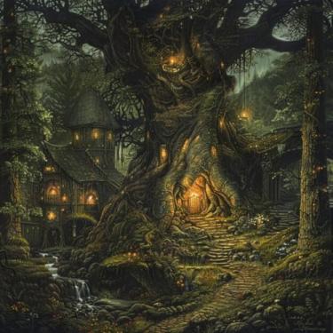 Imagem de Quadro Decorativo Elven Backwoods com Árvore Sacrosanct - Arte Fantasia e Natureza para Parede 40x40cm