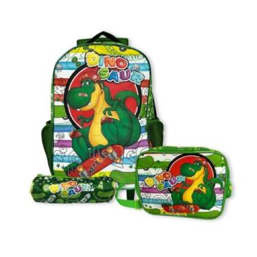 Imagem de Kit Mochila Escola Infantil Dinossauro, Verde, 3 Peças com Mochila de Rodinhas 20L, Lancheira Térmica 3,5L e Estojo, Material Poliéster, 41x30x17cm Escolar Passeio Tema Dinossauro Cor Verde
