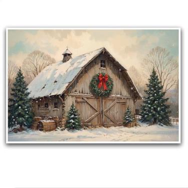 Imagem de Pintura em tela de inverno de celeiro vintage com telhado coberto de neve, guirlanda festiva verde, enfeite de laço vermelho na estrutura de madeira, céu macio, decoração aconchegante de Natal, quarto