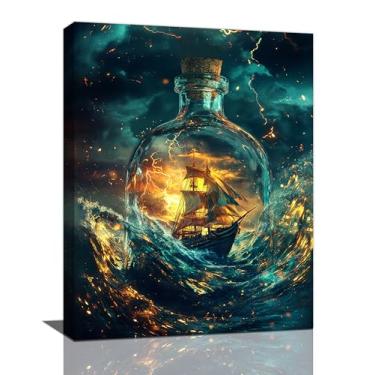 Imagem de Decoração de parede náutica, arte de parede de navio à vela costeira, pintura impressa em tela, pôsteres de navio pirata, arte emoldurada para sala de estar, cozinha, banheiro, quarto, 41 x 30 cm