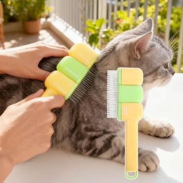 Imagem de Escova autolimpante para animais de estimação, pente de descamação dupla face 2 em 1 com dentes de aço inoxidável, pente de gato para derramamento e cuidados com cães (verde, 19 x 6 cm)