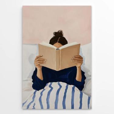 Imagem de Vintage Woman Reading in Bed Poster Minimalista Book Lover Print Wall Art Reading Nook Library Living Room Girly Bedroom Decor Whimsical Retro Posters for Reader & Teens 30,5 x 45,7 cm sem moldura