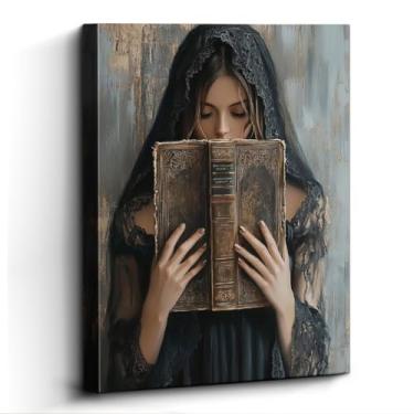 Imagem de Dark Academia Wall Decor – Impressão laminada de 30 x 38 cm de livro antigo de leitura feminina – Arte gótica vintage para quarto, sala de estar, escritório – exibição de pendurar e mesa com