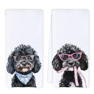 Imagem de Qnhij Toalhas de cozinha para presentes de poodle preto, presentes de poodle para mulheres, toalhas de chá para decoração de cozinha, presente de mãe para amantes de cachorros, toalhas de mão