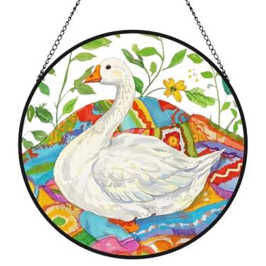 Imagem de Qigfucm Apanhador solar de vidro floral estilo óleo de 19 cm, lindos designs de animais de jardim, vitrais florais coloridos, decoração para pendurar na janela de inauguração de casa (cisne)