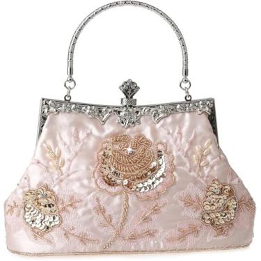 Imagem de YUGAORULI Bolsa vintage com contas para noite com pérolas, bolsa de mão feminina de casamento, de lantejoulas, bolsa de ombro floral, Champanhe