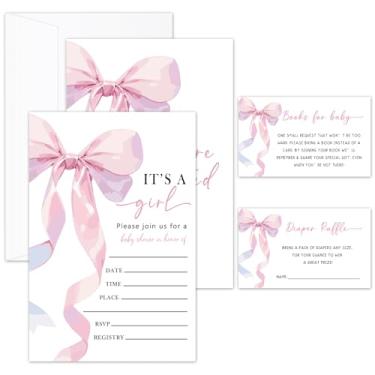 Imagem de Conjunto de convites para chá de bebê, convites de chá de bebê com laço rosa para meninas, 25 convites com envelopes, cartões de solicitação de livro e ingressos de sorteio de fraldas, lembrancinha de