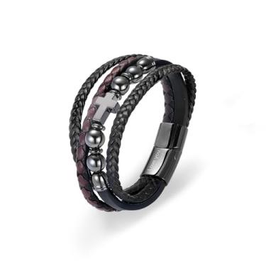 Imagem de ICEINX Pulseira masculina de couro com miçangas, pulseira trançada multicamadas com fecho fácil, presente Love You Forever para ele, 7.5inch, Couro, Sem Pedra Preciosa