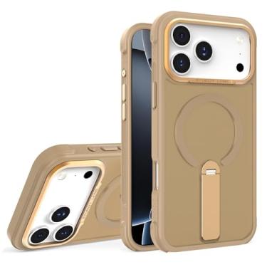 Imagem de HJZSZX Capa anti-acidente para iPhone 16Pro Max, translúcida, com suporte de metal giratório e teclas (para iPhone 16Pro Max/dourado deserto)