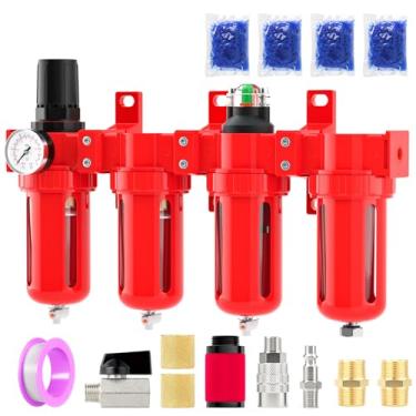 Imagem de BOGERDACK Sistema de secagem de ar de alumínio de 4 estágios de grau industrial, 1/4 polegada NPT, 0-150 PSI, secador dessecante, regulador de ar, filtro de partículas e filtro coalescente (drenagem