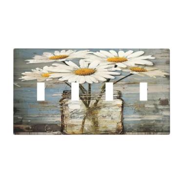 Imagem de Nadoabtm Placa de cobertura para interruptor de luz, pote de pedreiro vintage com margaridas brancas, 4 gangs, quadriciclo, interruptor, placa, capa de tomada elétrica, placa de parede para quarto