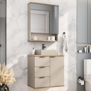 Imagem de Conjunto de Gabinete e Armário de Banheiro com Espelho Aqua I 3 Portas 3 Gavetas Nude e Carvalho