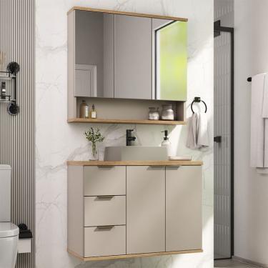 Imagem de Conjunto de Gabinete e Armário de Banheiro com Espelho Aqua 5 Portas 3 Gavetas Nude e Carvalho