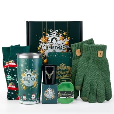 Imagem de Cesta de presentes de Natal para mulheres e homens Feliz Natal 2025 Ideias de cesta de presente de Natal exclusivo presente de Natal com vela perfumada luvas meias copo conjunto de presente para