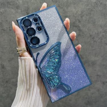 Imagem de Capa de celular com glitter, areia movediça, lantejoulas, borboleta, gradiente, para Samsung S24 Ultra S24 Plus, capa protetora de lente de luxo, azul, para Galaxy S24Ultra
