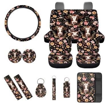 Imagem de gearider Conjunto completo de capa de assento de carro de vaca com capa de volante, almofadas de cinto de segurança, apoio de braço, porta-copos, porta-chaves, porta-batom, 13 peças, decoração de