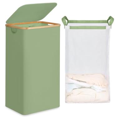 Imagem de Cesta de roupa suja de 66 litros com tampa e saco de rede, cesto de roupa alta com alças de bambu, cesto de roupas sujas estéticas para lavanderia, banheiro, quarto e dormitório, verde