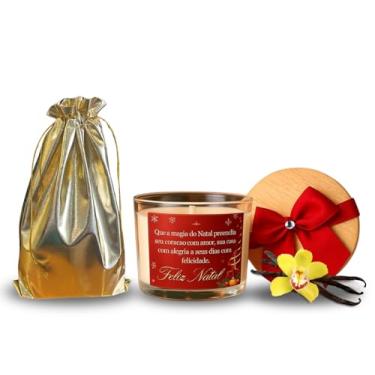 Imagem de Vela Aromática Natalina em Cera de Coco, 100g, Pavio de Algodão, Decorativa com Mensagem Feliz Natal, Recipiente de Vidro com Laço Vermelho (Vanilla)
