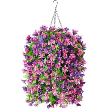 Imagem de INQCMY Decoração artificial de flores penduradas no outono, 4 peças de plantas florais falsas para varanda ao ar livre, arbustos falsos, decoração de casa, violetas em vasos resistentes a UV para