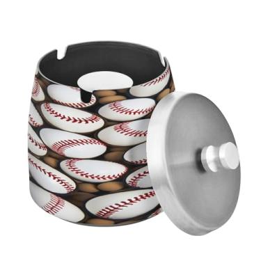 Imagem de Blueangle Cinzeiro com estampa de bolas de beisebol com tampa para cigarros, à prova de vento/chuva, aço inoxidável, sem fumaça, inodoro, cinzeiro para uso interno ou externo (550)