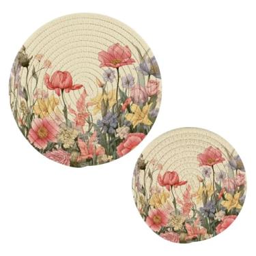 Imagem de Blueangle 2 peças de suporte de panela floral colorido - conjunto de pegadores de panela de tecido redondo - almofadas quentes trançadas de algodão - porta-copos - tapetes de mesa para cozinhar e