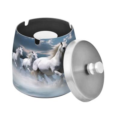 Imagem de Blueangle Cinzeiro de cavalos brancos com tampa para cigarros, à prova de vento/chuva, aço inoxidável, sem fumaça, inodoro, cinzeiro para uso interno ou externo (422)