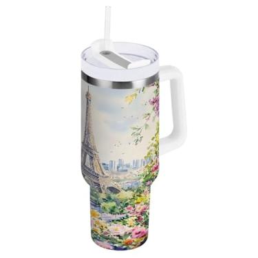 Imagem de Wassud Copo de flores da Torre Eiffel de Paris com alça e tampa de canudo copo isolado garrafa de água de aço inoxidável à prova de vazamento caneca de viagem presentes para mulheres 850 g