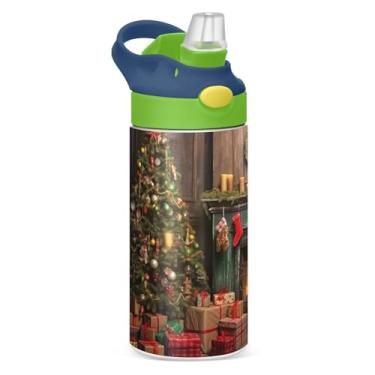 Imagem de YETTASBIN Garrafa de água para lareira de árvore de Natal para crianças, 340 g à prova de vazamento, parede dupla, isolada, garrafa de água de aço inoxidável, copo de viagem com tampa de canudo para