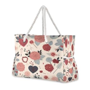 Imagem de Wassud Bolsa de praia rosa e coração flor grande bolsa de praia para mulheres, impermeável, à prova de areia, bolsa de viagem com zíper e bolso, piscina, academia, acampamento