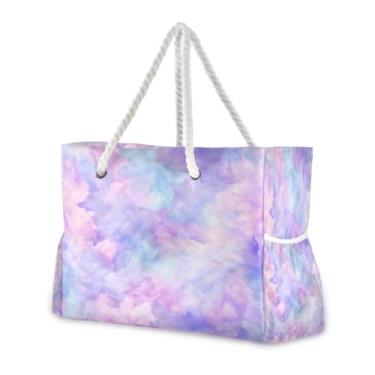 Imagem de Wassud Bolsa de praia lavanda tie dye flor grande bolsa de praia para mulheres à prova d'água à prova de areia bolsa de viagem com zíper e bolso piscina academia acampamento bolsa