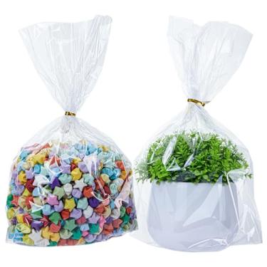 Imagem de Sacos de celofane 20 x 28 cm com reforço inferior - 100 peças de embrulho de celofane transparente para cestas de presente e 100 gravatas douradas, perfeitas para embrulhar lembrancinhas de festa e