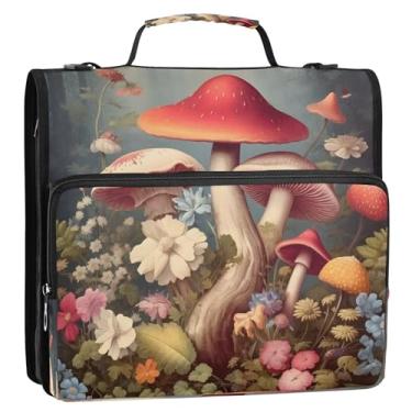 Imagem de CEBUGI Fichário de 3 anéis com zíper com alça de ombro, pasta de arquivo expansível de 3,8 cm, anéis D, para escola, escritório, cogumelo vintage