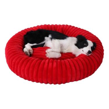 Imagem de Cama grande para cães - Cama ortopédica redonda e relaxante para animais de estimação, camas em forma de rosca para gatos de tamanho médio para aliviar a ansiedade(Red,27.in)