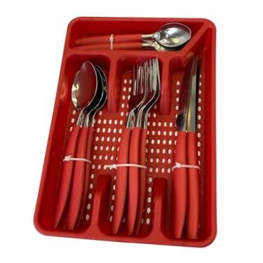 Imagem de Conjunto de Talheres 17 Peças com Porta Talher, Vermelho, Aço Inoxidável e Plástico, 4 Colheres de Mesa, 4 Garfos, 4 Facas, 4 Colheres de Sobremesa