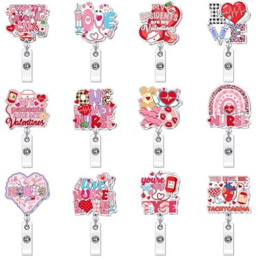 Imagem de Kigeli 12 peças de carretel de crachá de dia dos namorados bonito carretel de crachá de enfermeira retrátil com clipe jacaré, clipe de etiqueta de nome de enfermagem para médicos, esposa, marido