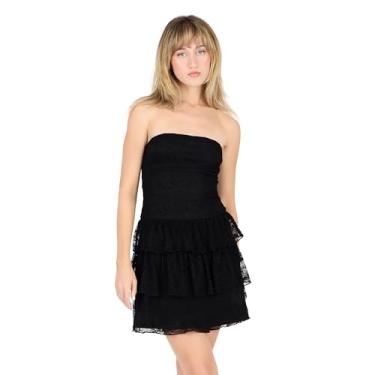 Imagem de Forever 21 Minivestido feminino de renda sem alças com bainha em camadas de babados, Preto, P