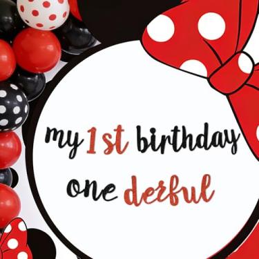 Imagem de TONIFUL Faixa de meu primeiro aniversário, placa de feliz aniversário para pano de fundo, faixa de feltro vermelha preta com glitter inclui cola de pontos, perfeita para tema de bebê mouse, pano de