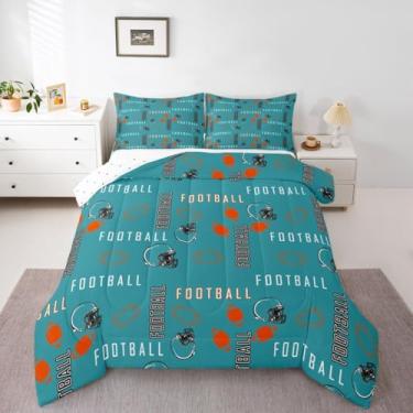 Imagem de jejeloiu Conjunto de cama de futebol americano, tamanho casal, Miami, para decoração de quarto de meninos e meninas, adolescentes, azul, laranja, respirável, microfibra leve e macia