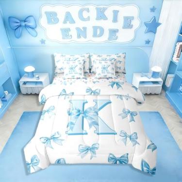 Imagem de Erosebridal Conjunto de edredom completo com inicial K personalizado para meninas, lindo conjunto de cama com laço azul, 7 peças, para crianças, adolescentes, estilo princesa, kawaii, conjunto de cama