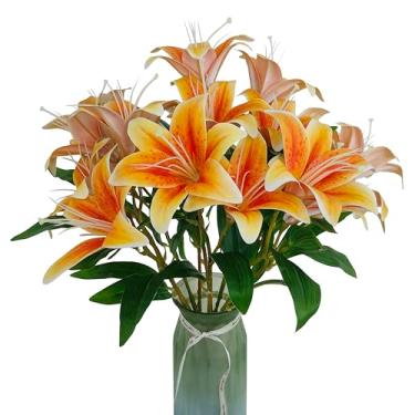 Imagem de Flores de lírios artificiais, 10 peças de flor de lírio sintética, 50 cm ramo de lírio de tigre com 2 flores completas, plantas falsas de lírios falsos para buquê de casamento, festa em casa, arranjos
