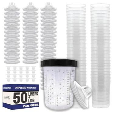 Imagem de LAUCO Forros e sistema de tampas descartáveis para pistolas de pulverização de tinta 50 revestimentos, 50 tampas, 1 copo rígido com anel de retenção e 20 plugues - Compatível com sistema original 1.0