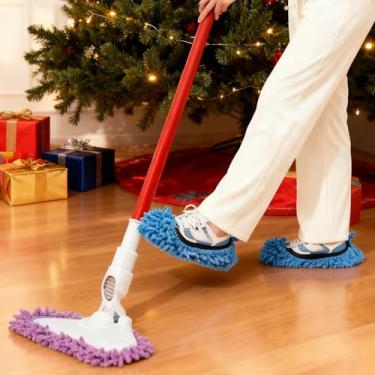 Imagem de 2 pares de chinelos de esfregão de microfibra, chinelos reutilizáveis laváveis para limpeza de piso para pisos de madeira e azulejos, capas de sapatos de limpeza macias para esfregar poeira seca e