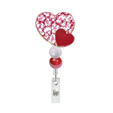 Imagem de Carretel de crachá retrátil de dois corações de amor para dia dos namorados, suporte para crachá vermelho rosa e doce com clipe jacaré para enfermeira, médico, professor, acessórios de trabalho