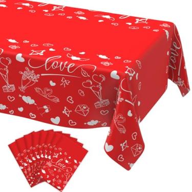 Imagem de 8 peças de toalha de mesa para Dia dos Namorados, 137 x 272 cm, capa de mesa vermelha descartável, retangular de plástico, coração, para decoração de festa de aniversário de casamento, dia dos