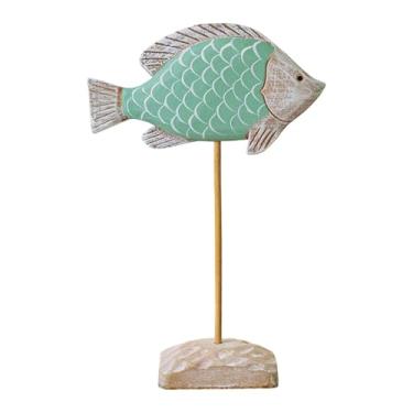 Imagem de Baoblaze Escultura de peixe de madeira sobre suporte, decoração náutica, estante, mesa, animal marinho, estátua, figura para entrada, casa de campo, Luz Verde