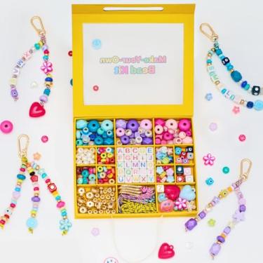 Imagem de HolidayQbee Kit de fabricação de chaveiros de contas DIY para crianças - 400 peças kit de berloques de contas do alfabeto contas de pônei de coração colorido para chaveiros, kit de fabricação de