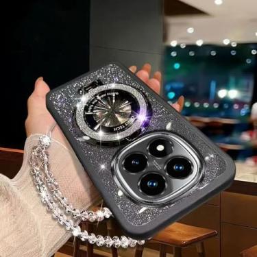 Imagem de Capa com suporte para celular com pulseira de cristal brilhante para Xiaomi Redmi Note 14 Pro Plus 4G 5G, capa traseira macia com gradiente, preta, para Note 14 5G