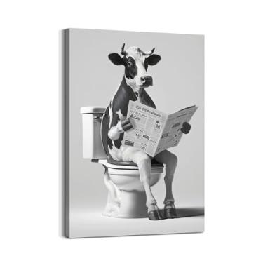 Imagem de Arte de parede engraçada em tela de banheiro: decoração de imagem de animal linda vaca no vaso sanitário pintura de arte de banheiro preto e branco para decoração de casa de fazenda