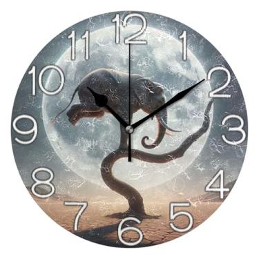 Imagem de GAIGEO Relógio de parede analógico decorativo relógio de cozinha rústico estético silencioso sem tique-taque, decoração de parede moderna para sala de estar, estampa de silhueta de lua de elefante, 25